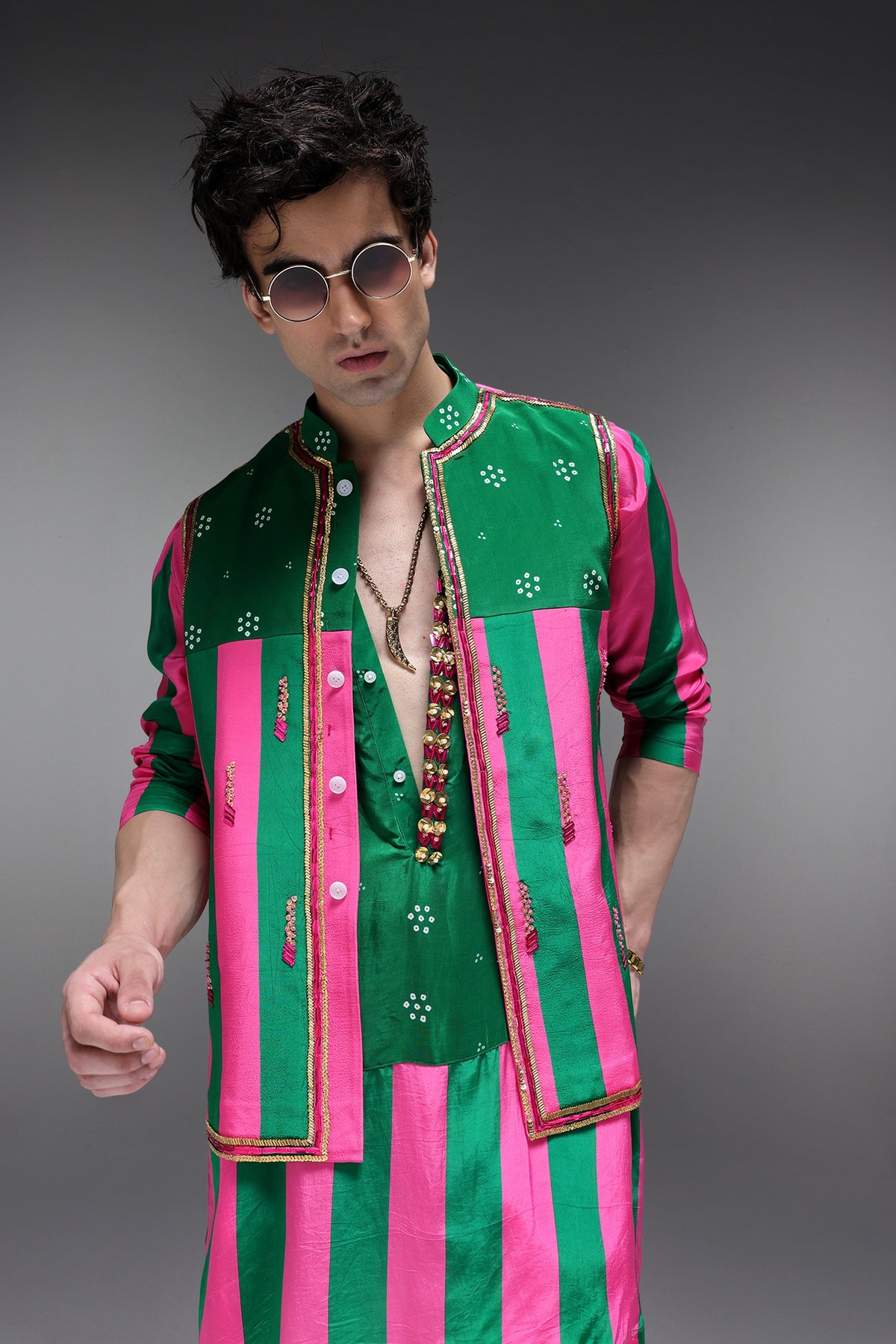 Elaris - Hand Embroidered Designer Bundi With Kurta - Pink & Green