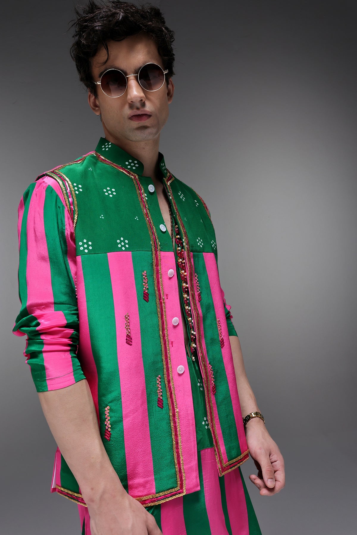 Elaris - Hand Embroidered Designer Bundi With Kurta - Pink & Green