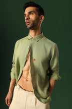 Leaf Hand Embroidered Irish Linen Shirt - Green