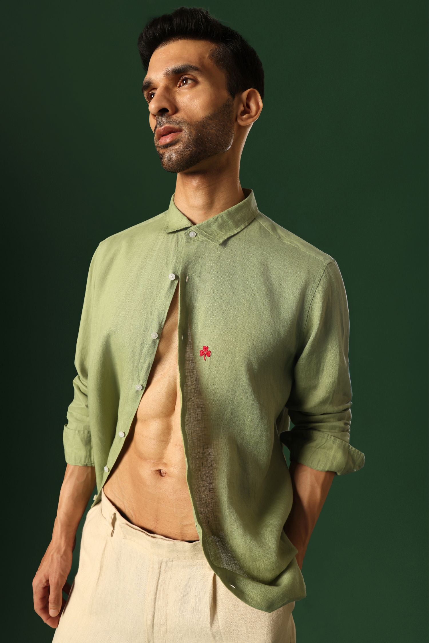 Leaf Hand Embroidered Irish Linen Shirt - Green