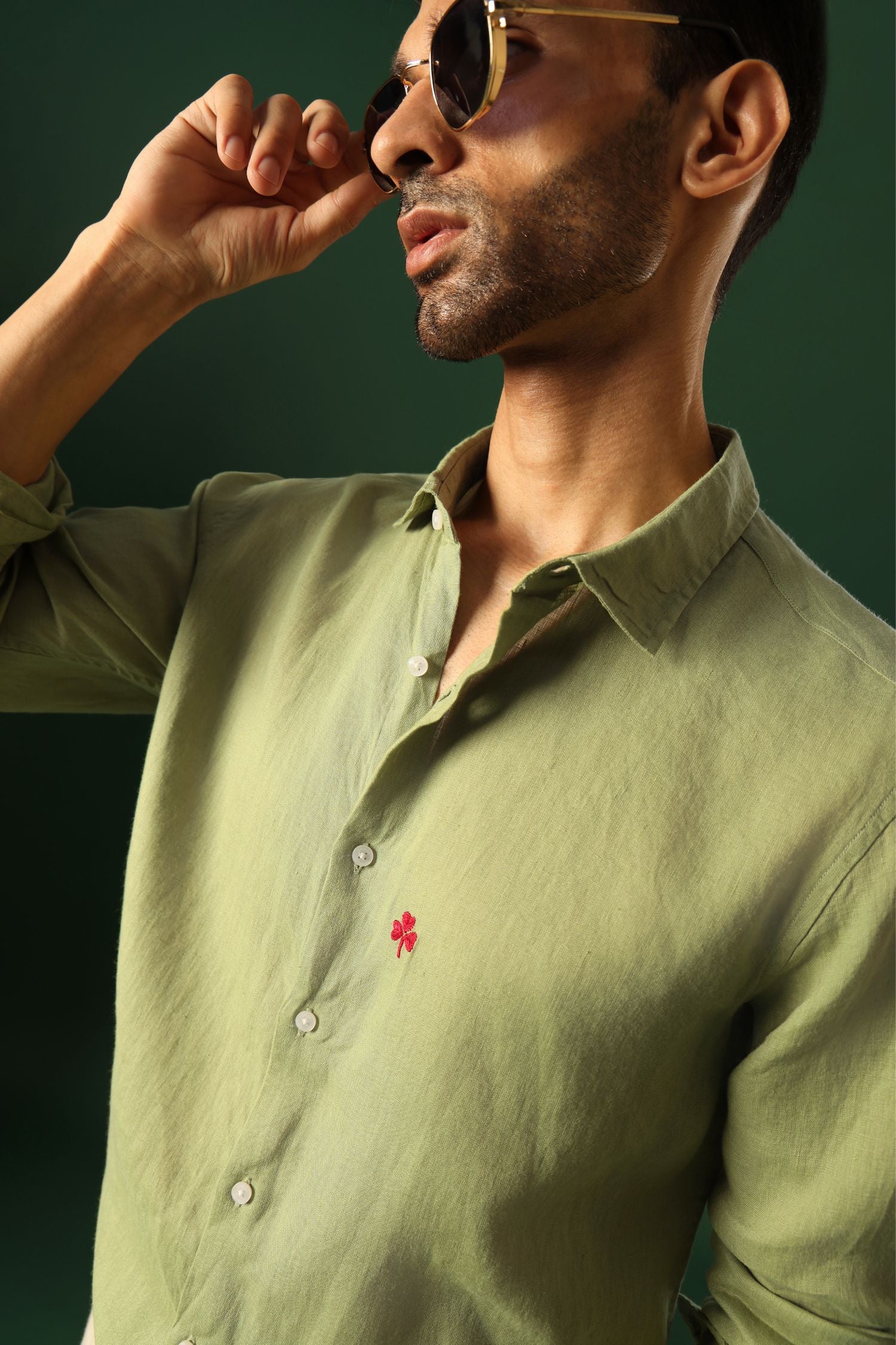 Leaf Hand Embroidered Irish Linen Shirt - Green