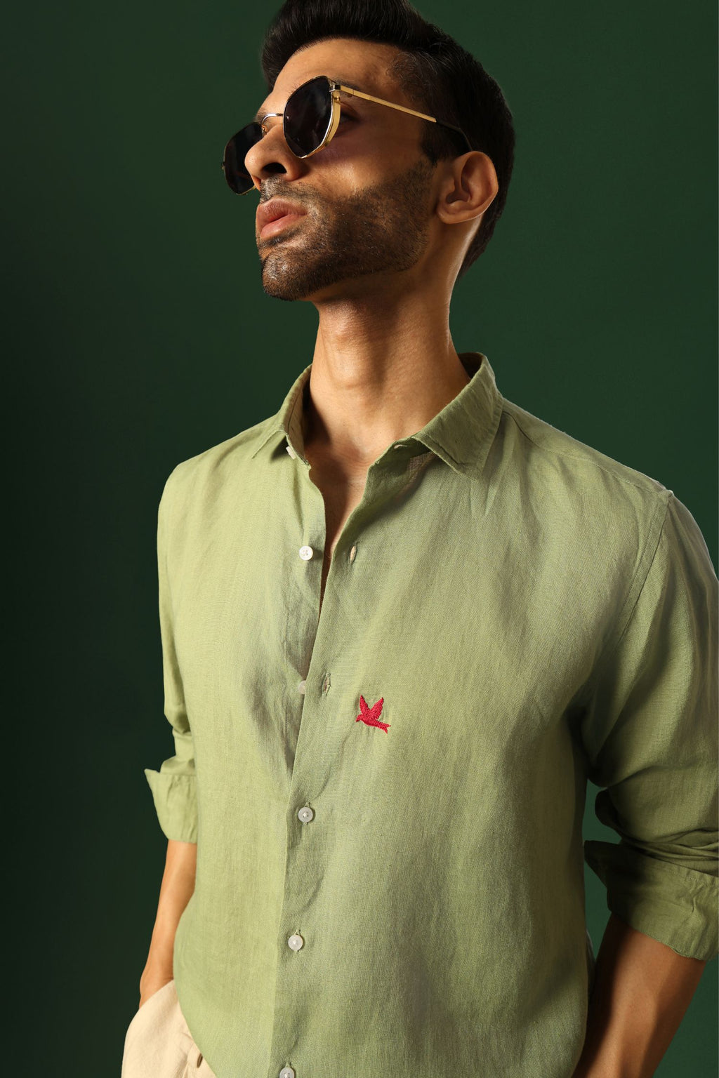Bird Hand Embroidered Irish Linen Shirt - Green