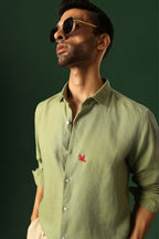 Bird Hand Embroidered Irish Linen Shirt - Green