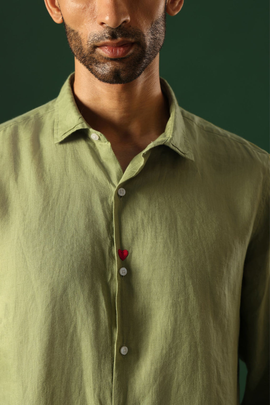 Heart Hand Embroidered Irish Linen Shirt - Green
