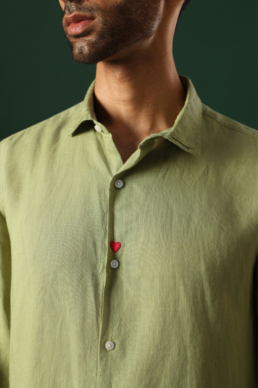 Heart Hand Embroidered Irish Linen Shirt - Green