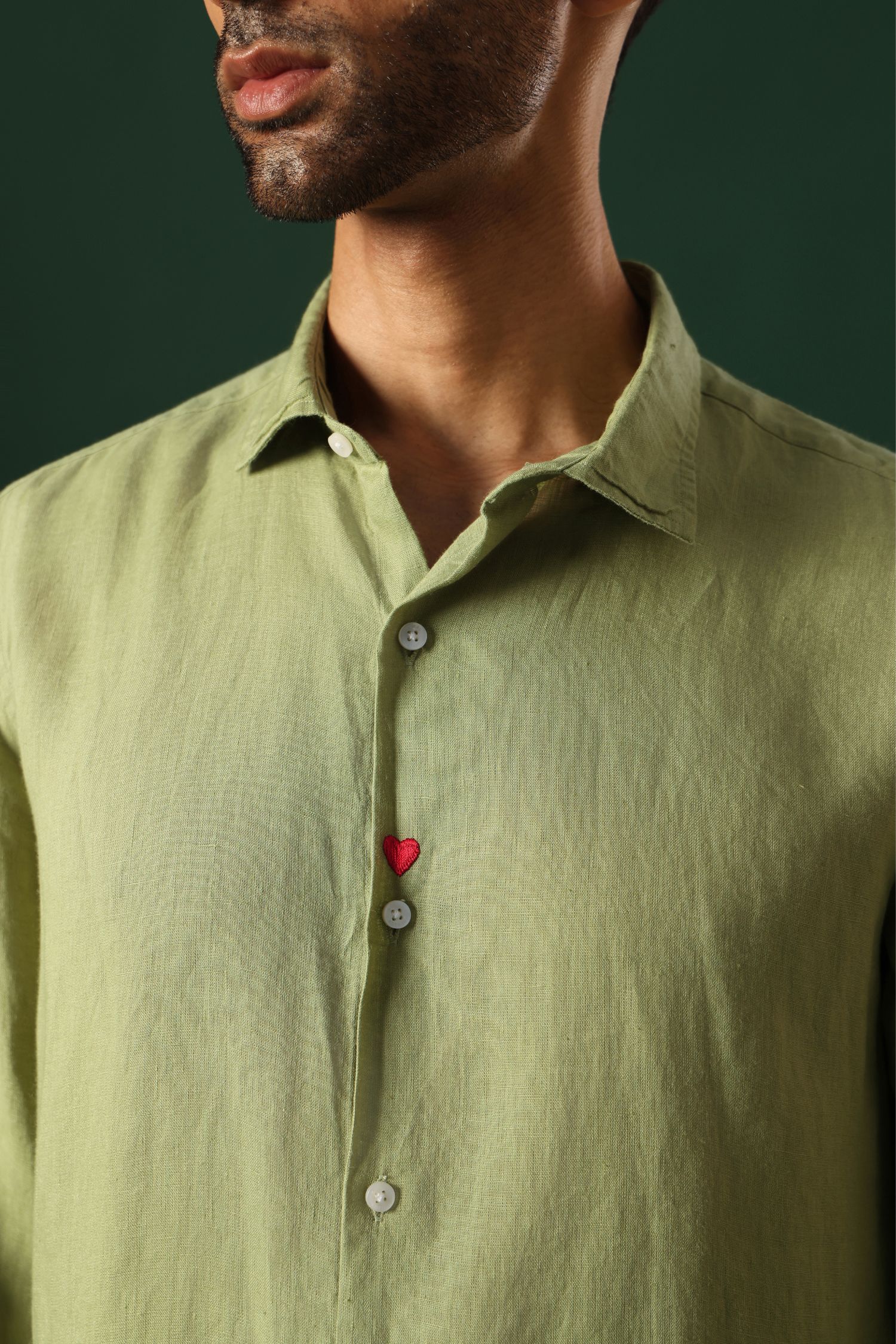 Heart Hand Embroidered Irish Linen Shirt - Green