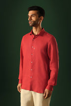 Owl Hand Embroidered Irish linen shirt - Red