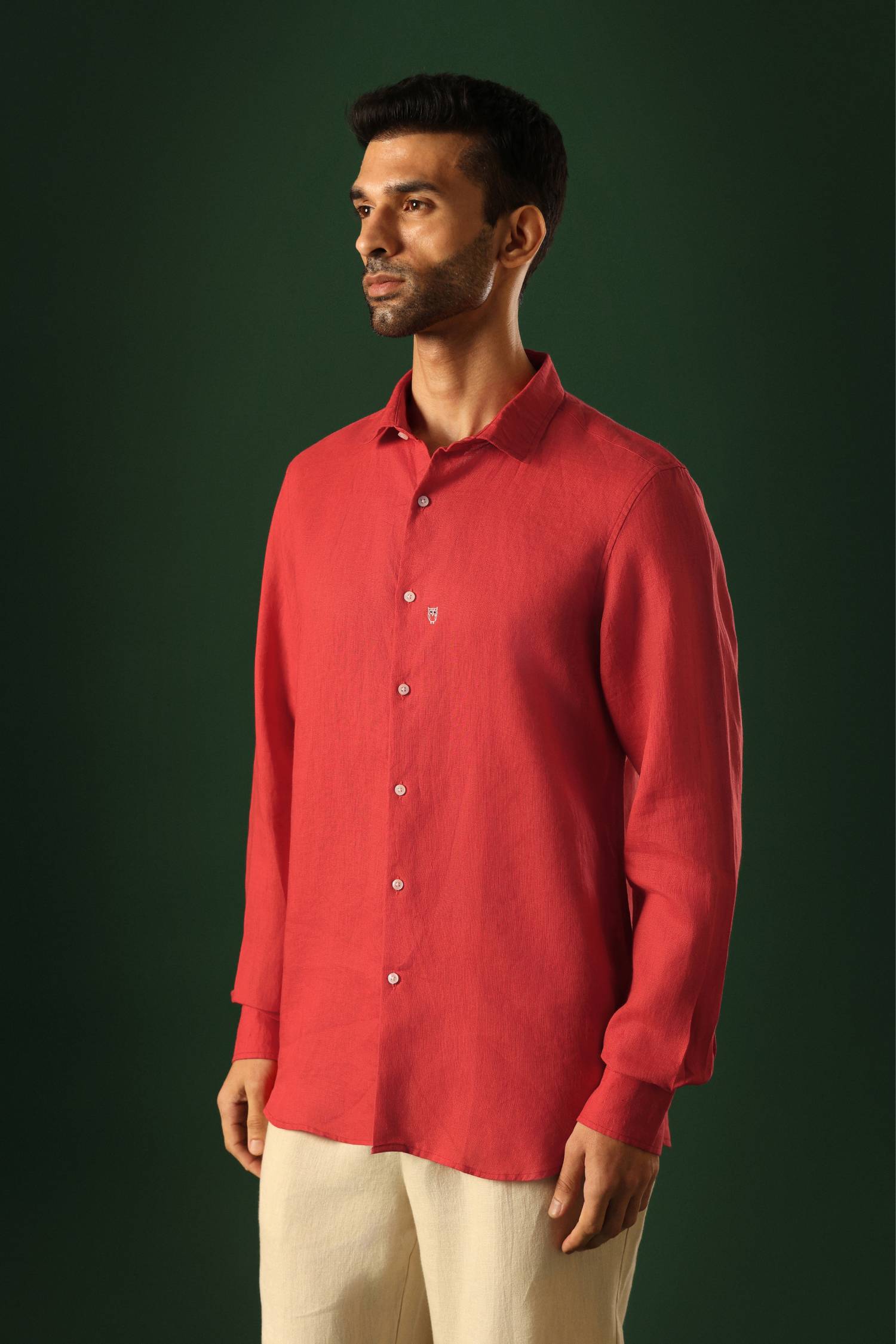 Owl Hand Embroidered Irish linen shirt - Red