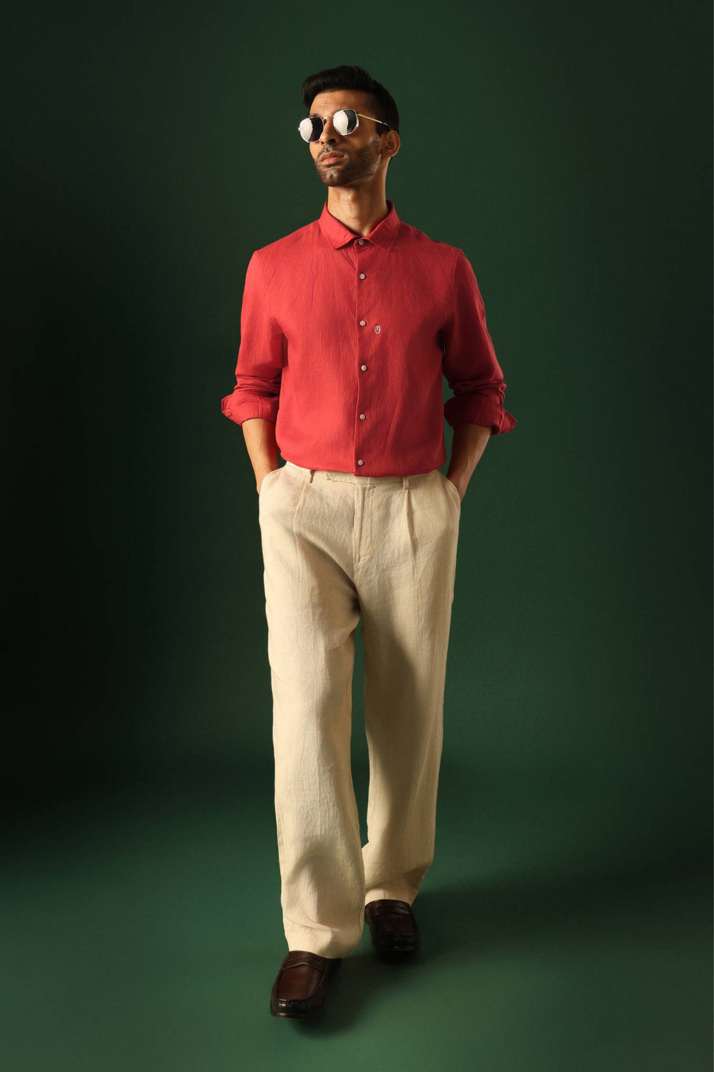 Owl Hand Embroidered Irish linen shirt - Red