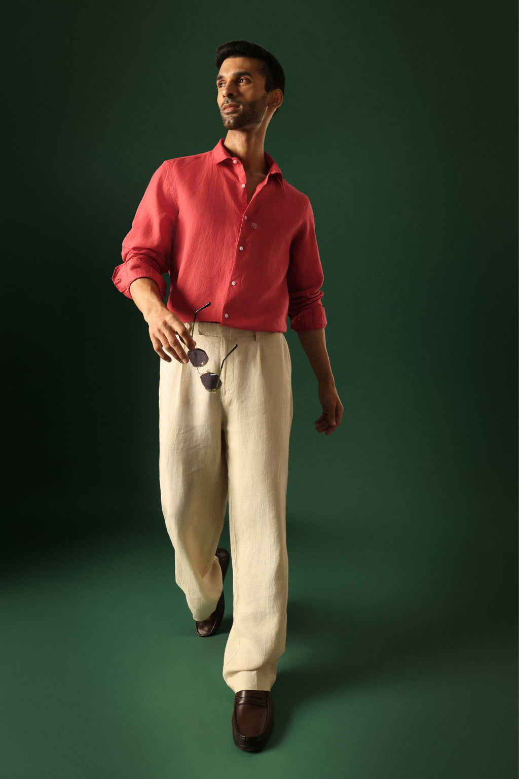 Owl Hand Embroidered Irish linen shirt - Red