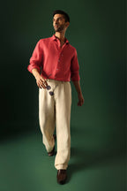 Owl Hand Embroidered Irish linen shirt - Red