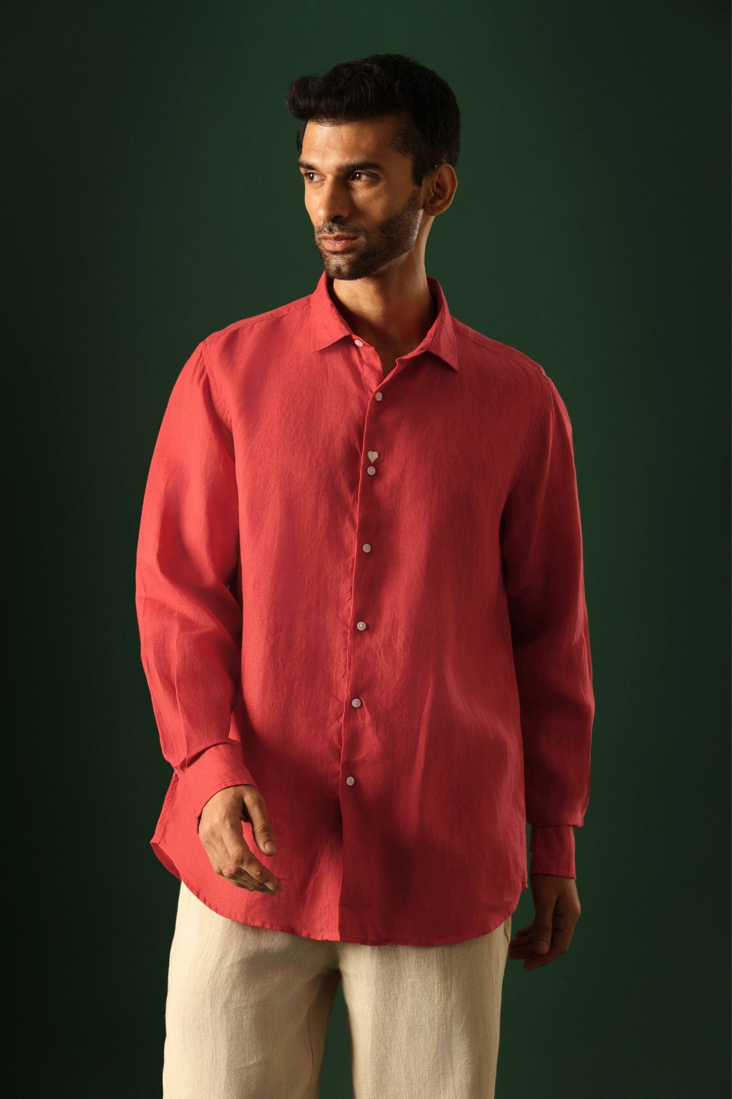 Heart Hand Embroidered Irish Linen Shirt - Red
