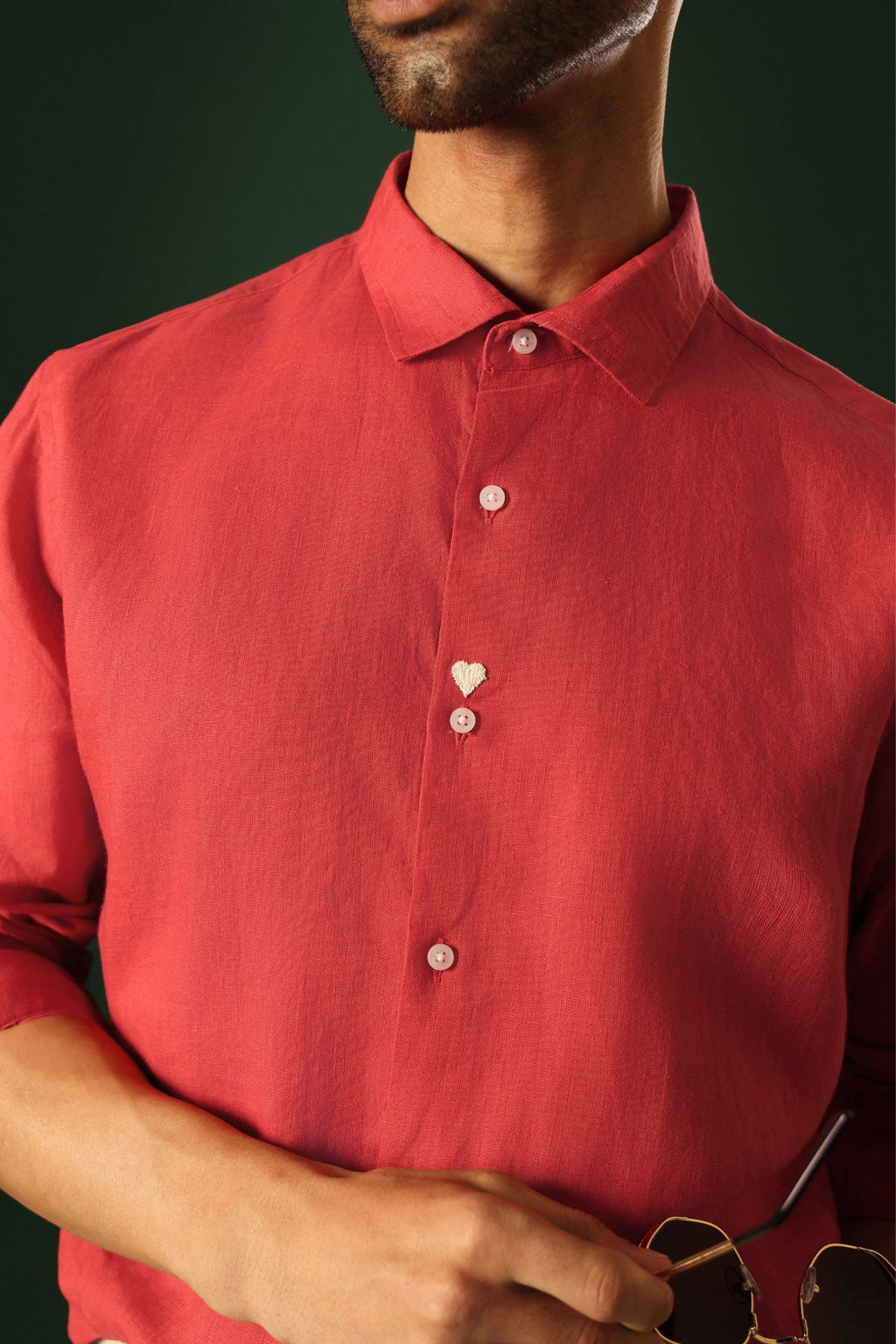 Heart Hand Embroidered Irish Linen Shirt - Red