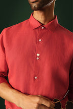 Heart Hand Embroidered Irish Linen Shirt - Red