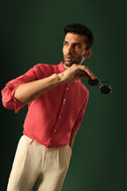 Heart Hand Embroidered Irish Linen Shirt - Red