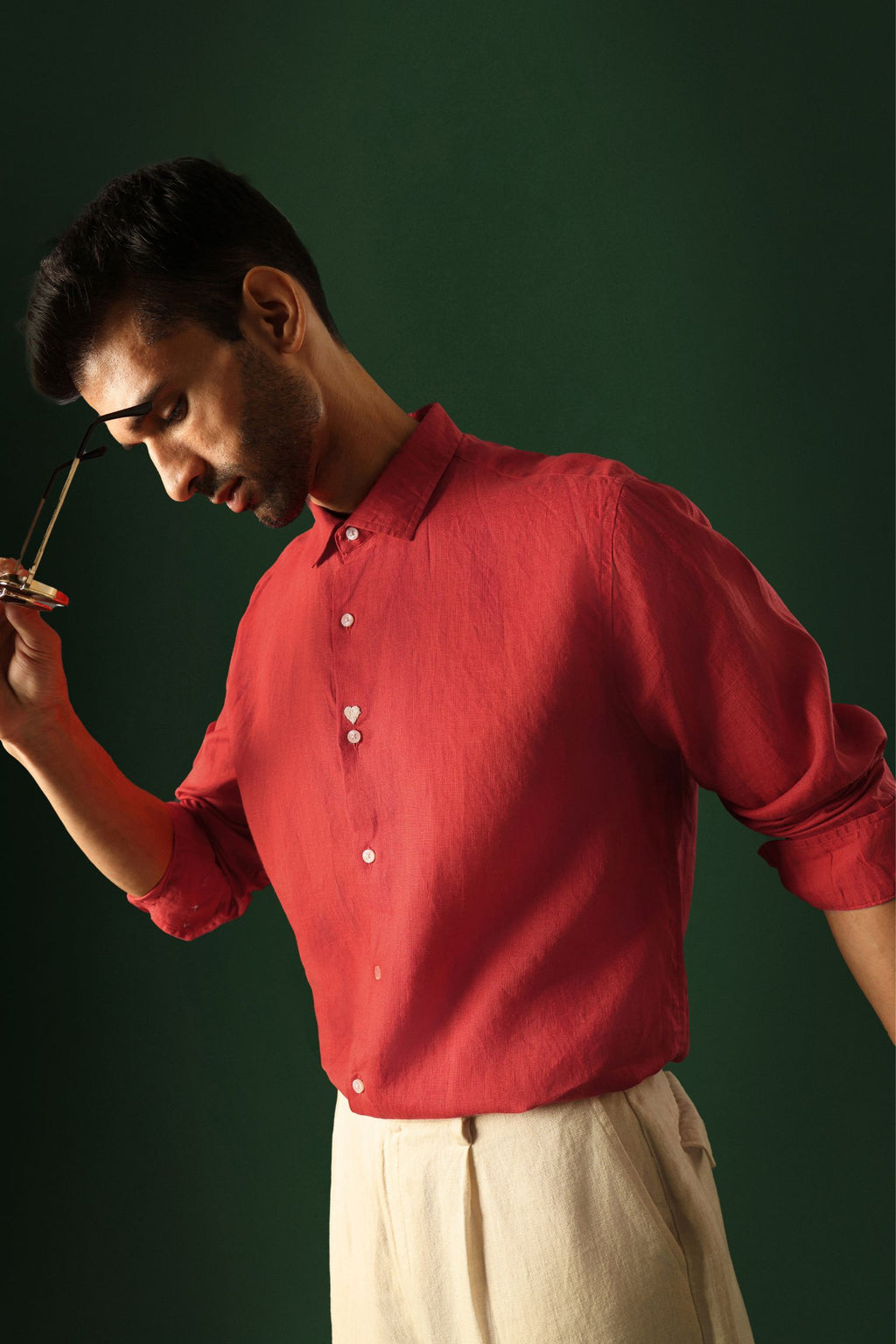 Heart Hand Embroidered Irish Linen Shirt - Red