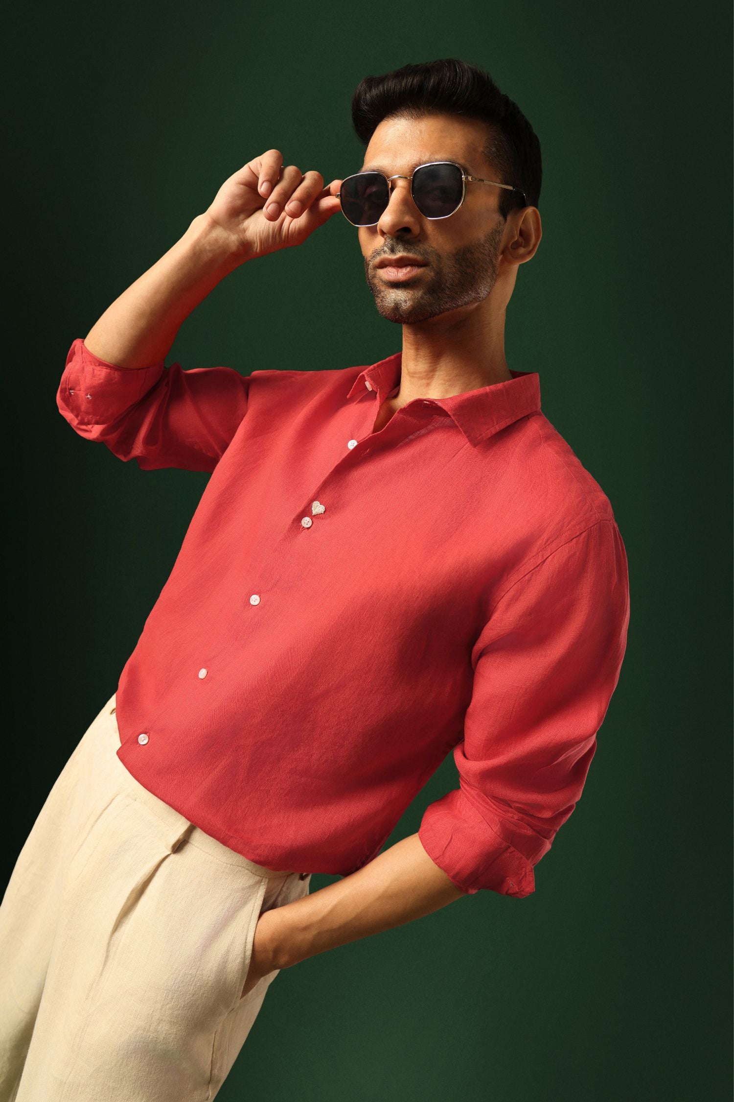 Heart Hand Embroidered Irish Linen Shirt - Red