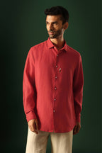 Lilly Hand Embroidered Irish Linen Shirt - Red