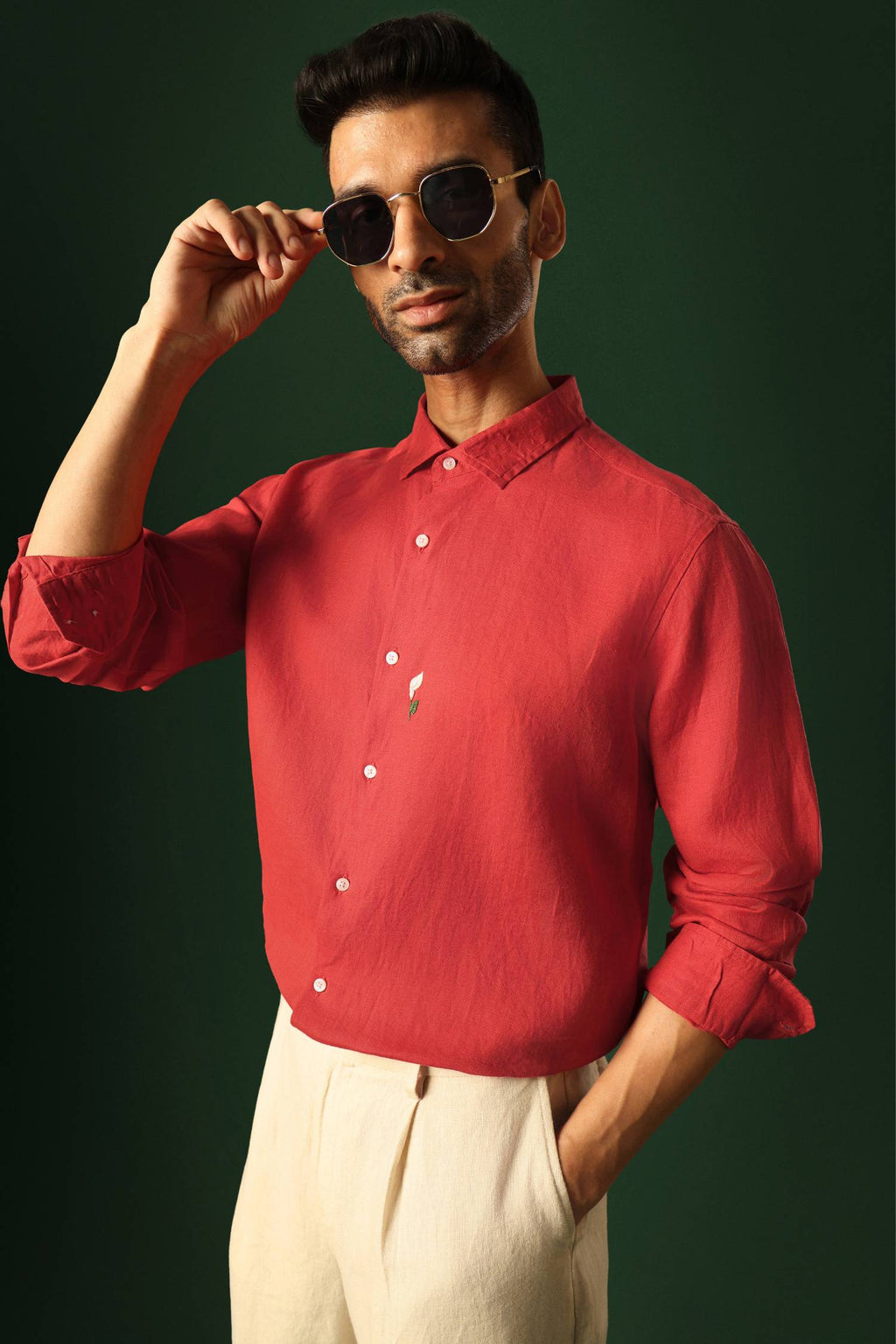 Lilly Hand Embroidered Irish Linen Shirt - Red