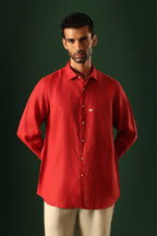 Daisy Hand Embroidered Irish Linen Shirt - Red