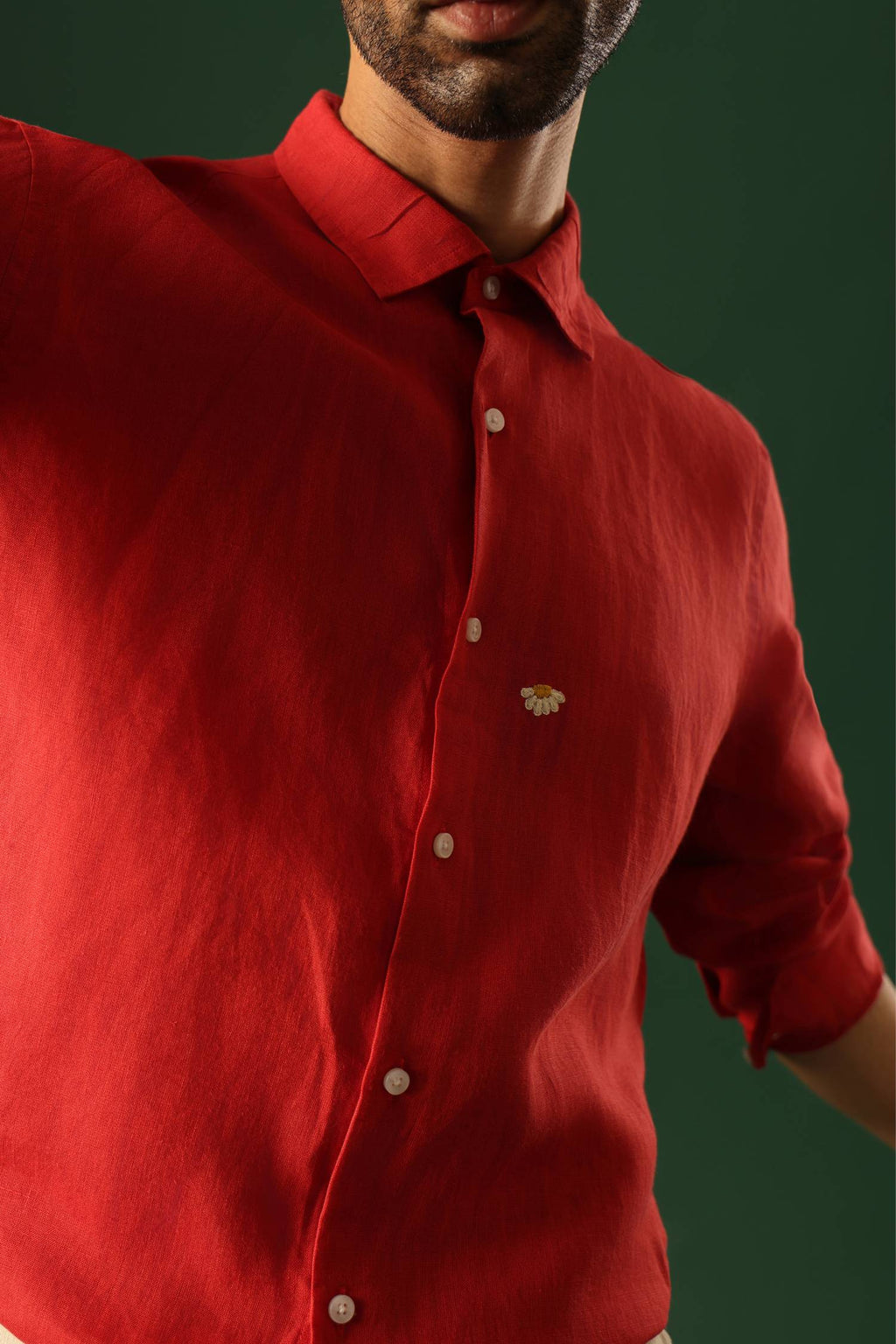 Daisy Hand Embroidered Irish Linen Shirt - Red