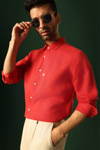 Daisy Hand Embroidered Irish Linen Shirt - Red