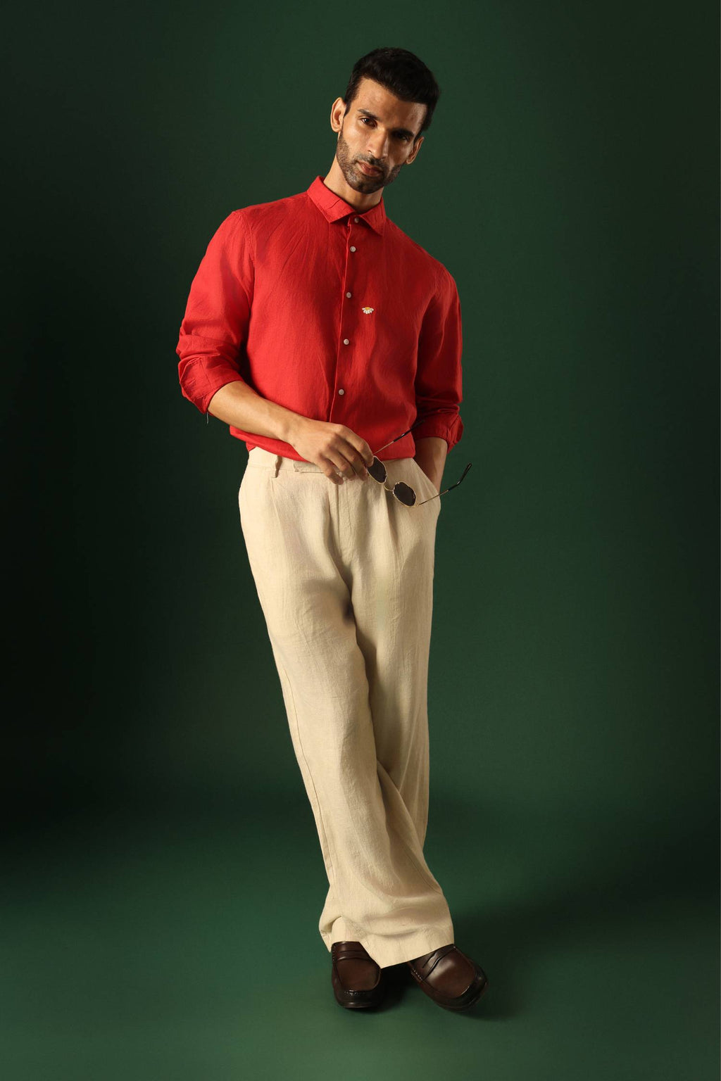 Daisy Hand Embroidered Irish Linen Shirt - Red