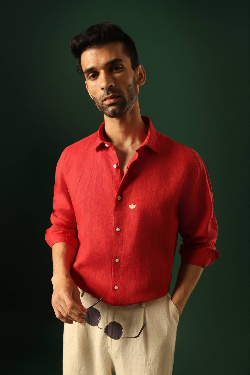 Daisy Hand Embroidered Irish Linen Shirt - Red