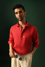 Daisy Hand Embroidered Irish Linen Shirt - Red