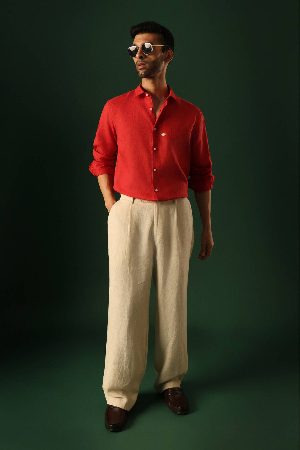 Daisy Hand Embroidered Irish Linen Shirt - Red