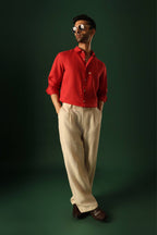 Daisy Hand Embroidered Irish Linen Shirt - Red
