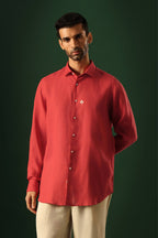 Leaf Hand Embroidered Irish Linen Shirt - Red