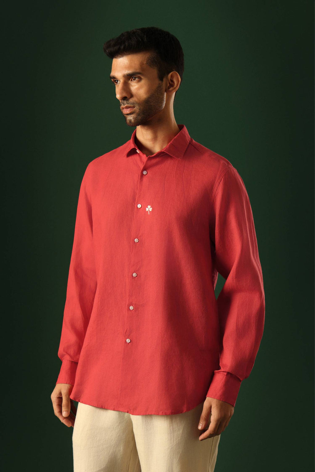 Leaf Hand Embroidered Irish Linen Shirt - Red