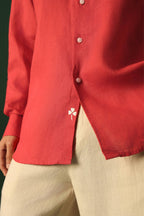 Leaf Hand Embroidered Irish Linen Shirt - Red
