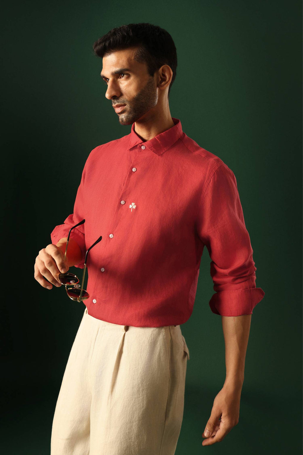 Leaf Hand Embroidered Irish Linen Shirt - Red