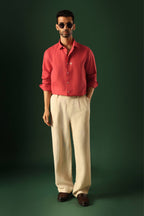Leaf Hand Embroidered Irish Linen Shirt - Red