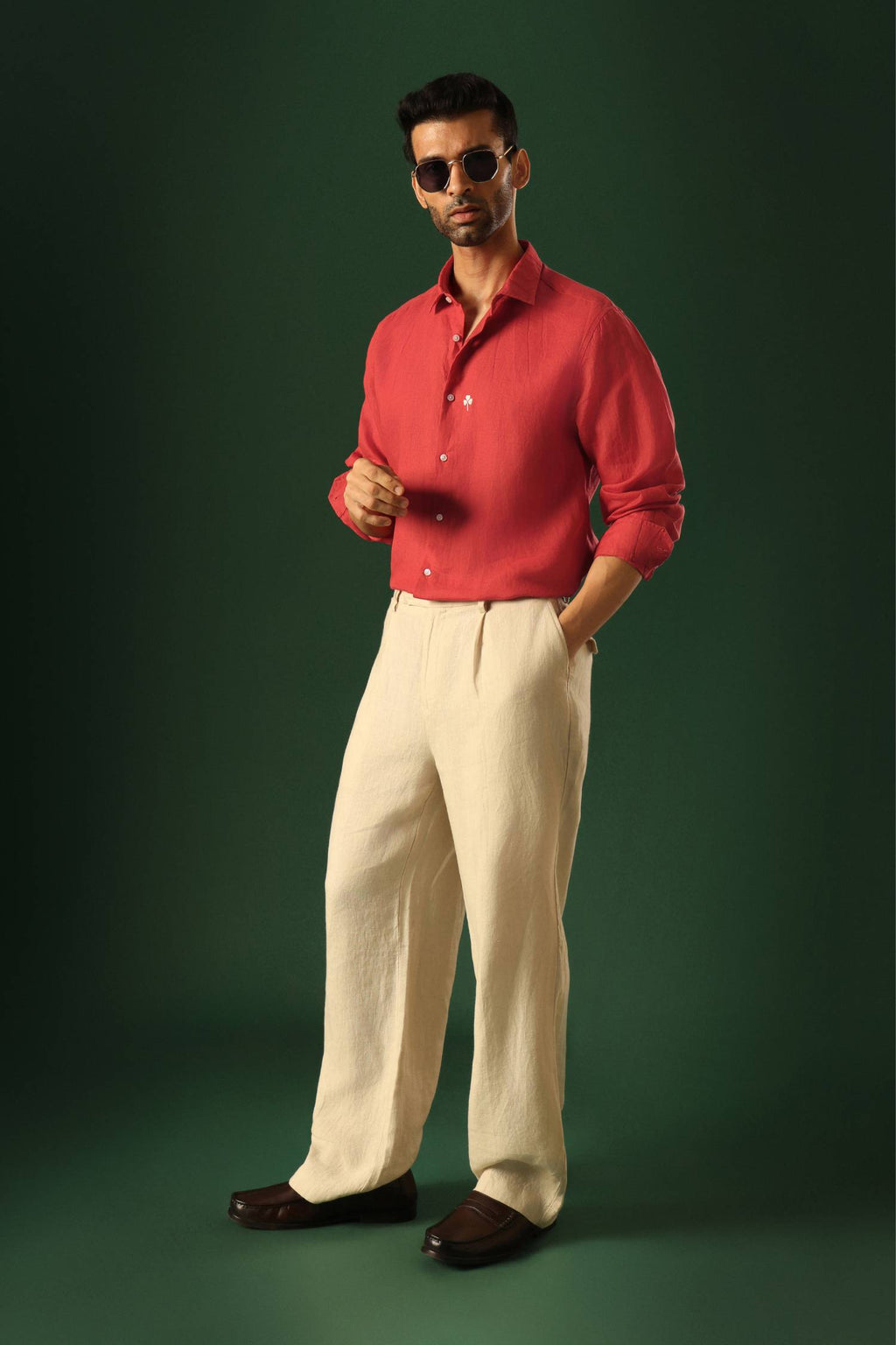 Leaf Hand Embroidered Irish Linen Shirt - Red