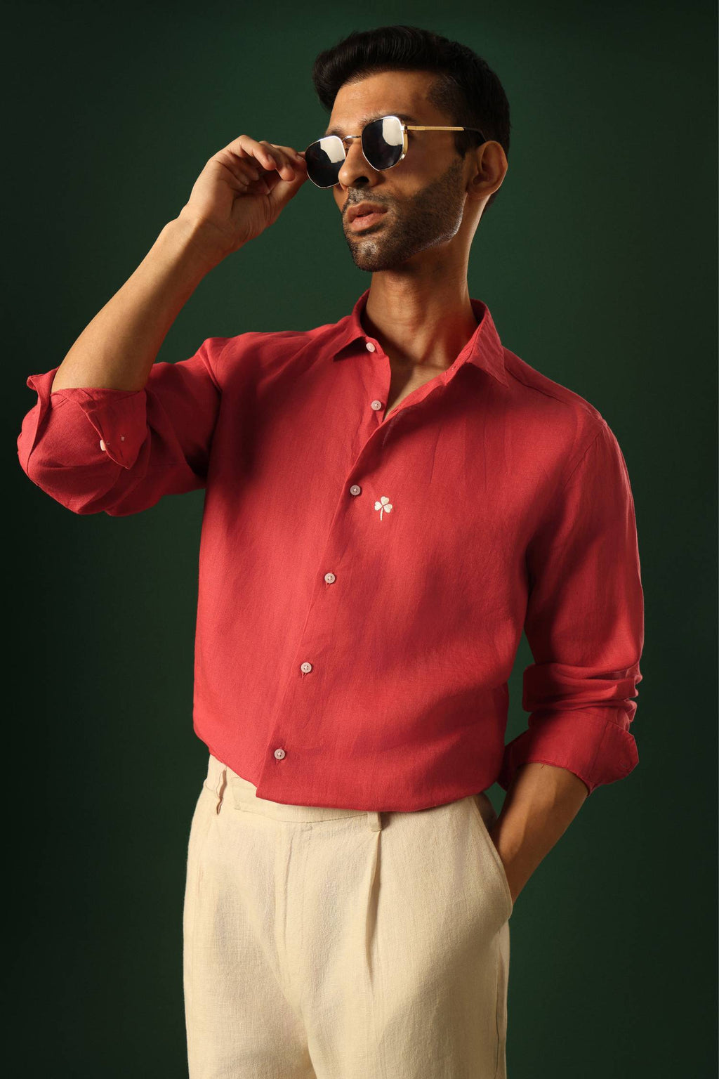 Leaf Hand Embroidered Irish Linen Shirt - Red