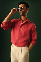 Leaf Hand Embroidered Irish Linen Shirt - Red