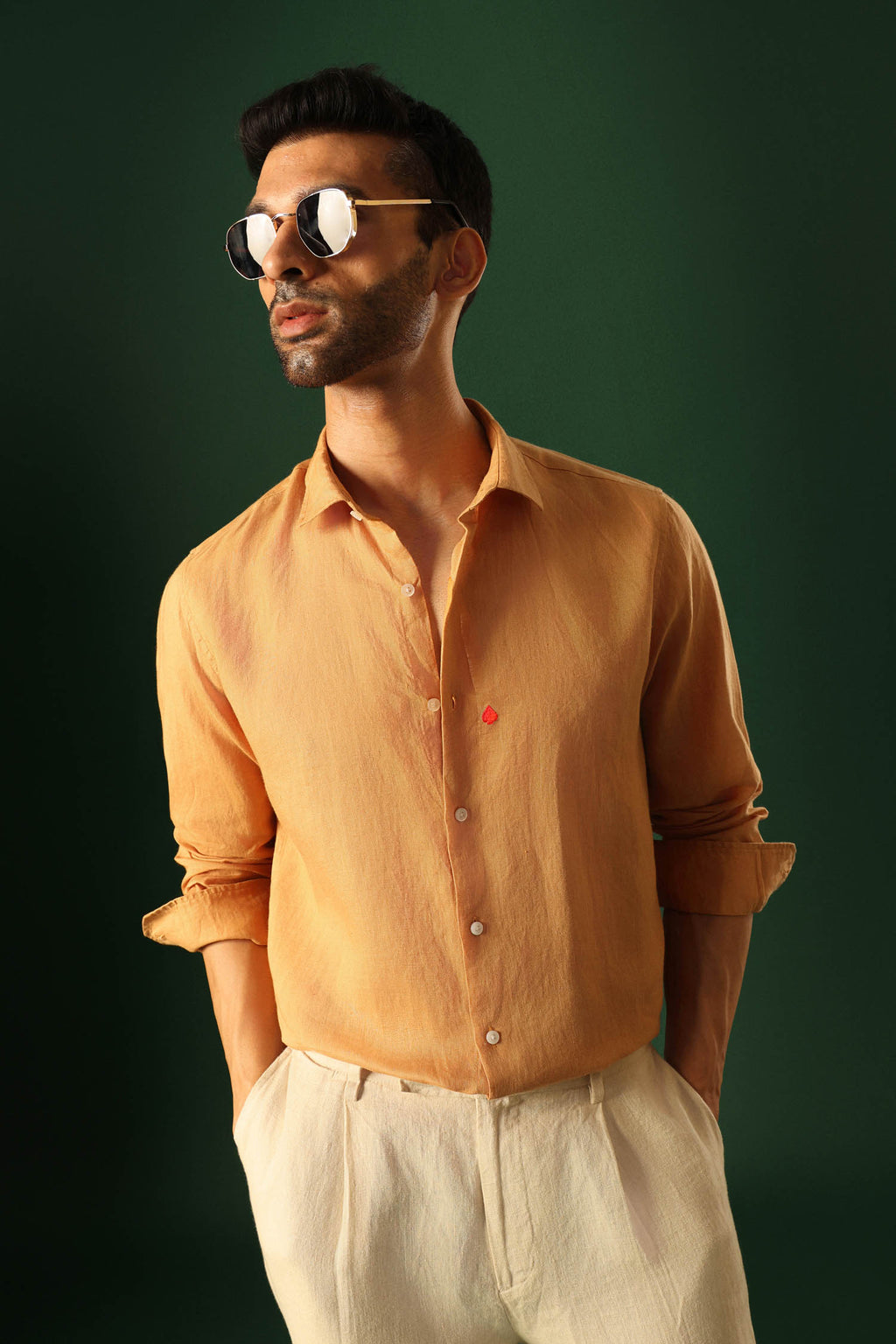 Spade Hand Embroidered Irish Linen Shirt - Pumpkin