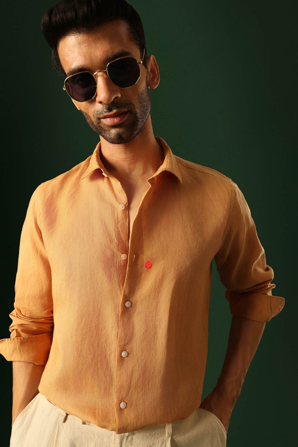 Spade Hand Embroidered Irish Linen Shirt - Pumpkin