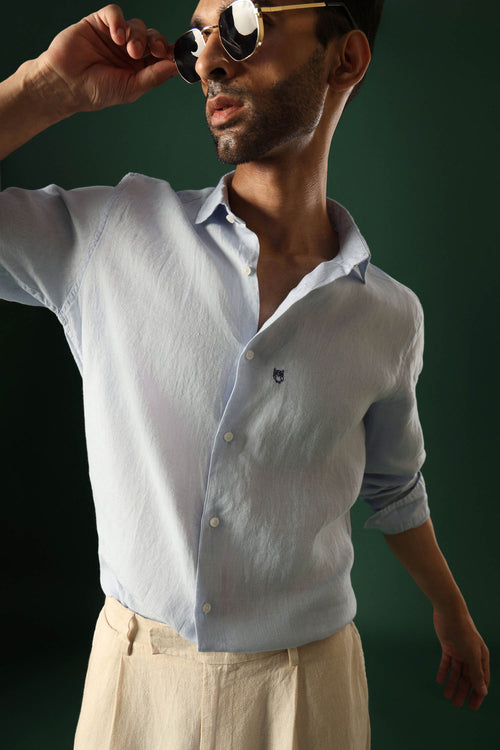 Owl Irish Linen Shirt - Light Blue