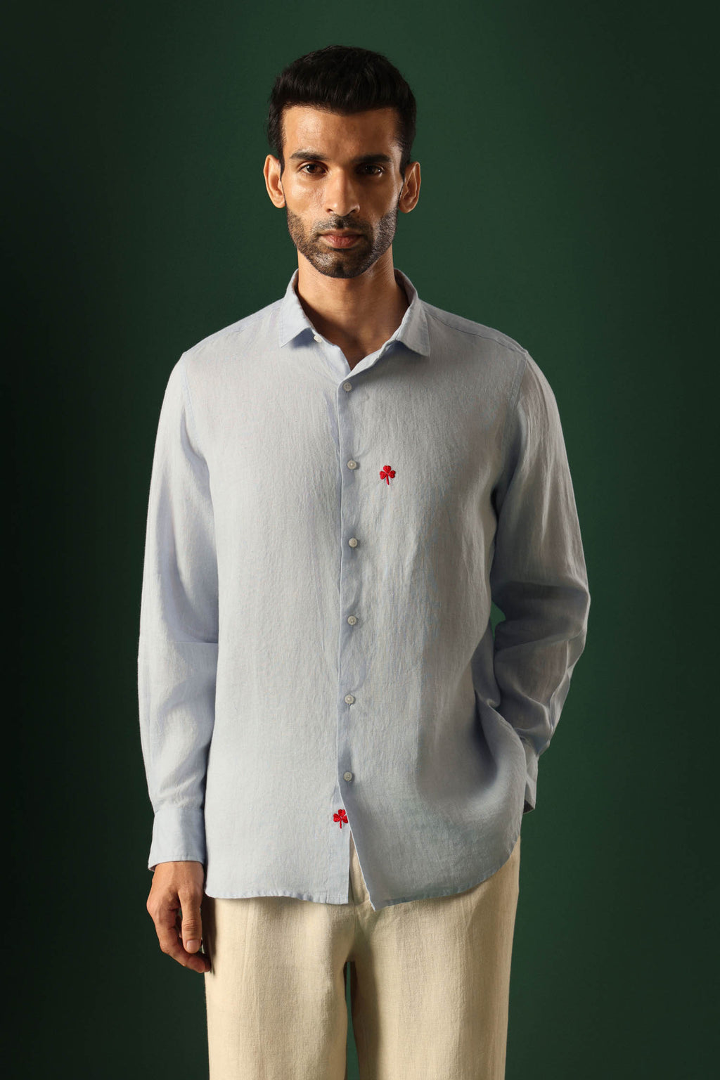 Leaf Hand Embroidered Irish Linen Shirt - Light Blue