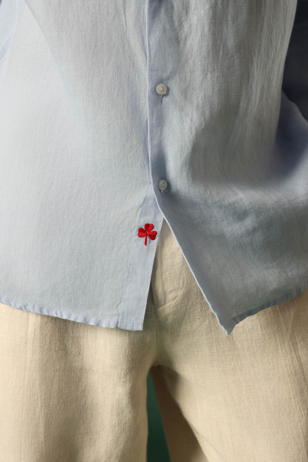Leaf Hand Embroidered Irish Linen Shirt - Light Blue