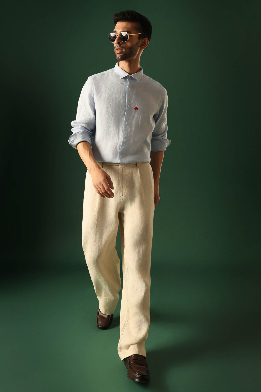 Leaf Hand Embroidered Irish Linen Shirt - Light Blue