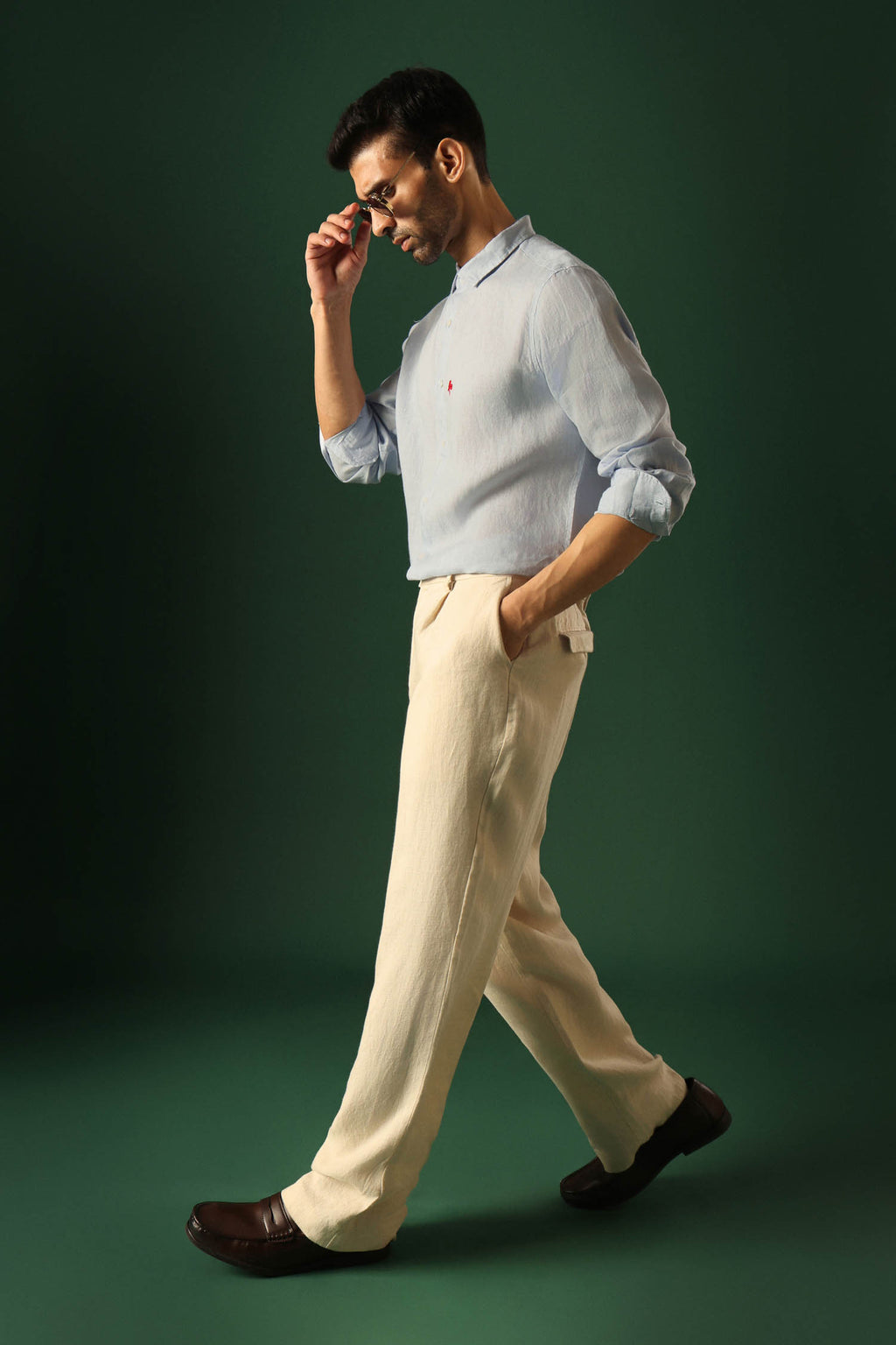 Leaf Hand Embroidered Irish Linen Shirt - Light Blue