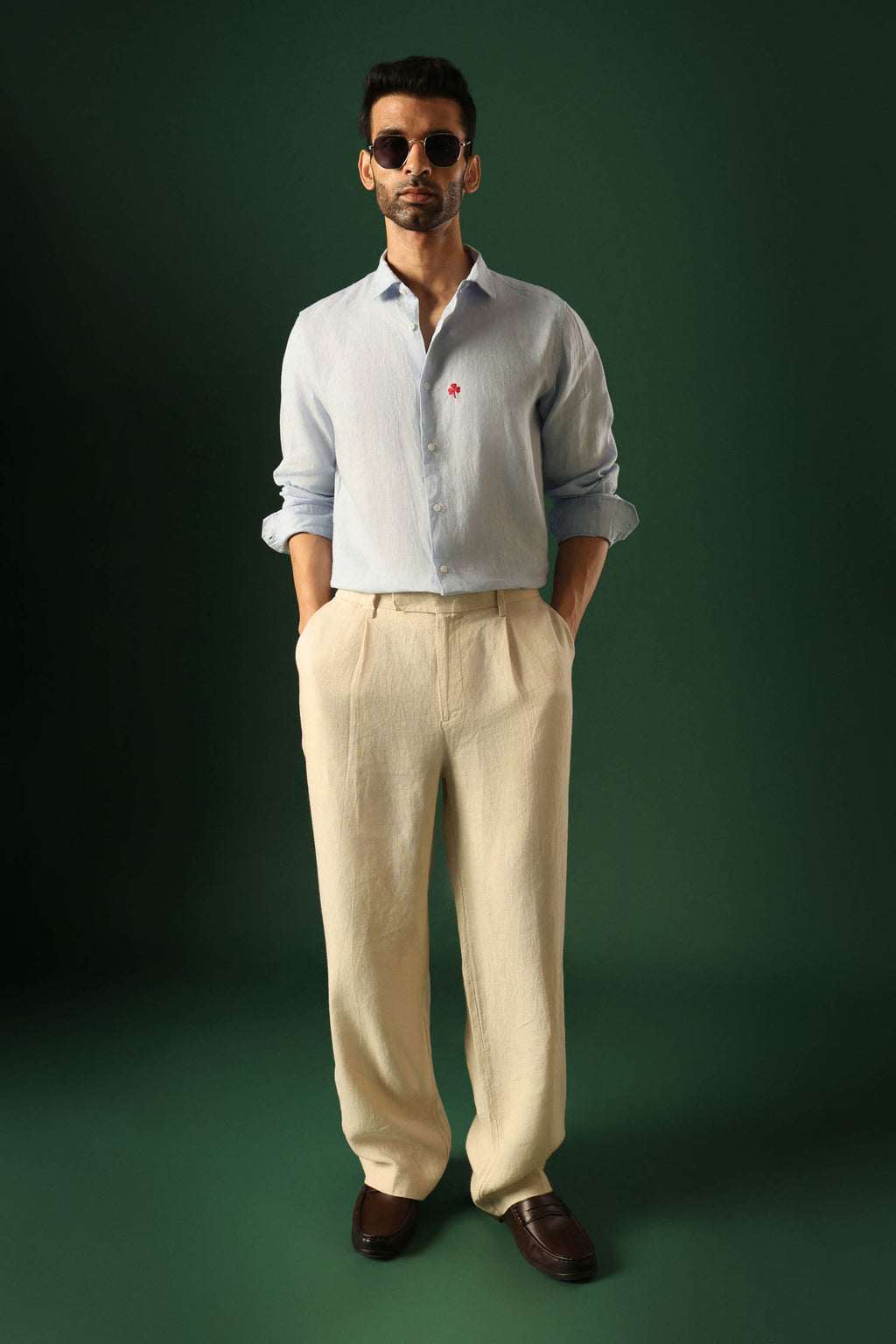 Leaf Hand Embroidered Irish Linen Shirt - Light Blue