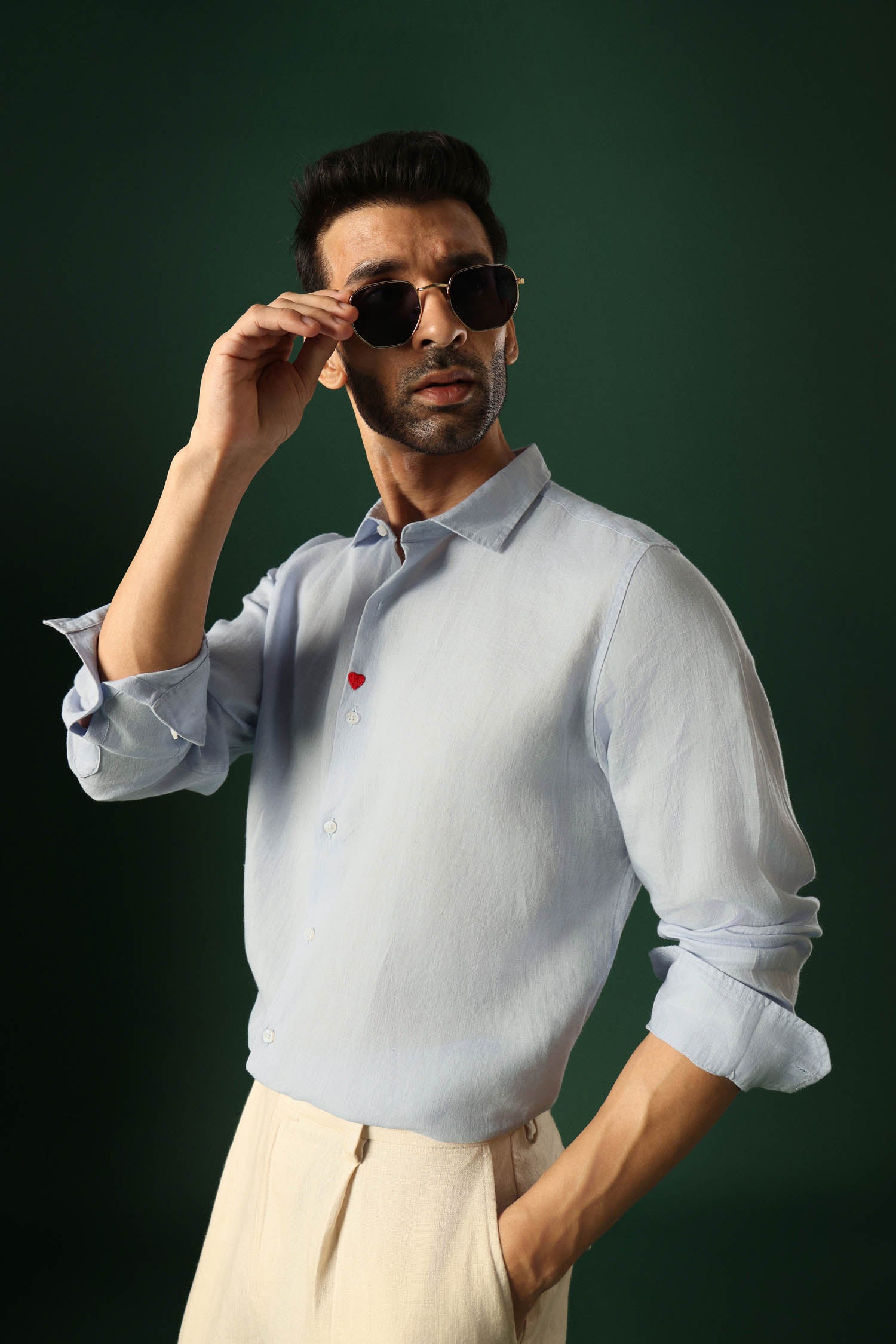 Heart Irish Linen Shirt - Light Blue