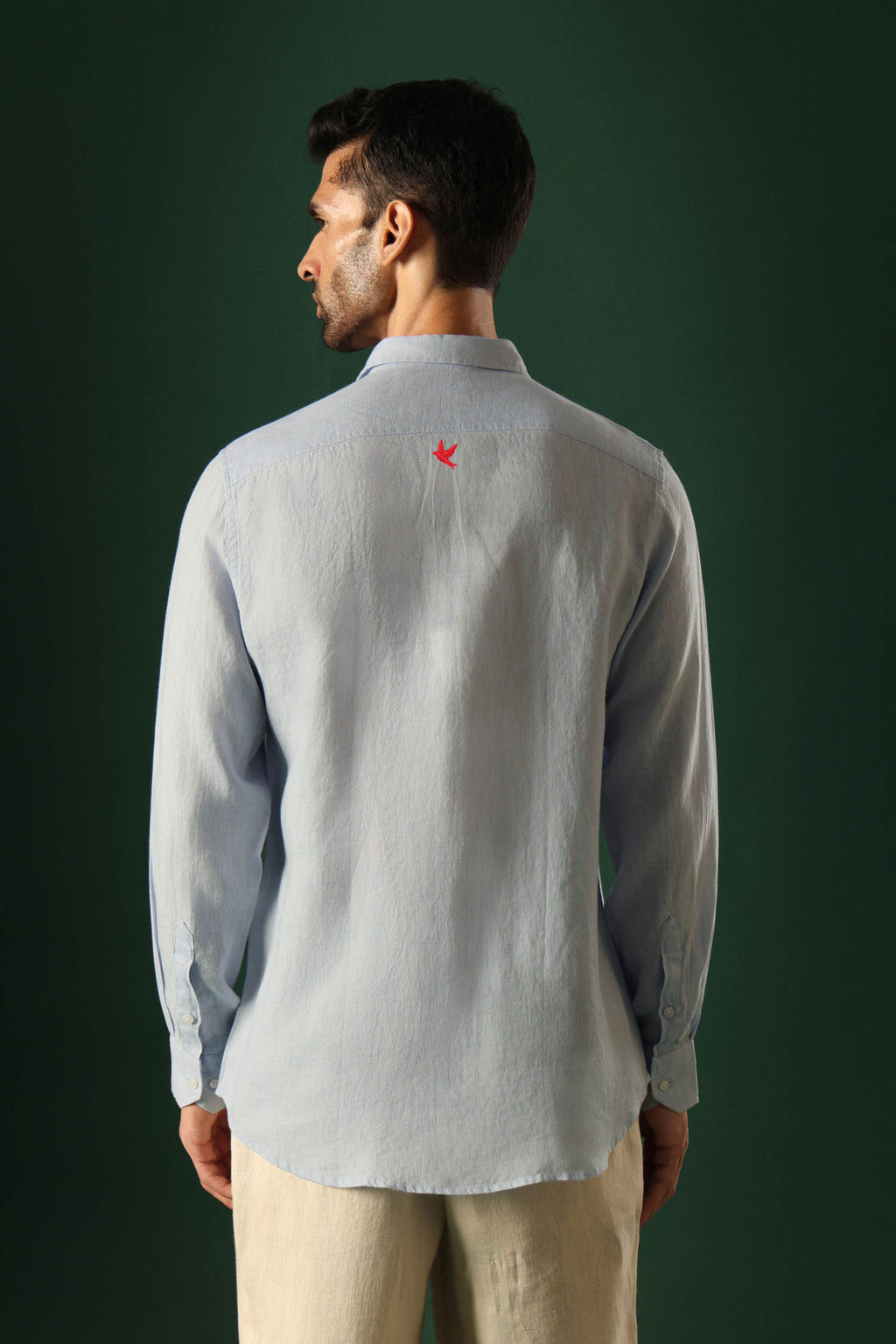 Bird Hand Embroidered Irish Linen Shirt - Light Blue