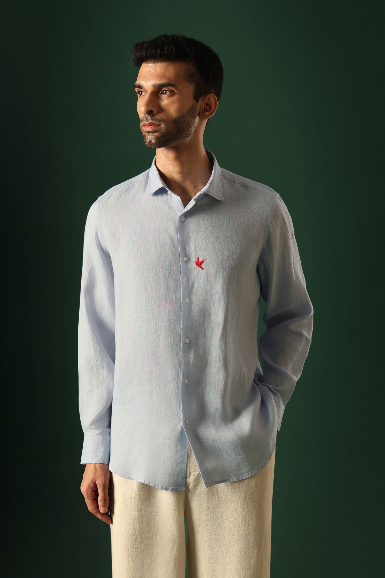 Bird Hand Embroidered Irish Linen Shirt - Light Blue